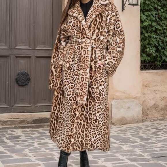 Luxury Women Leopard Faux Fur Overcoat Warm Jacket with Pockets - Picture 1 of 7